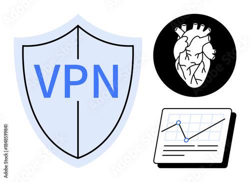 Shield with VPN text represents online security, heart icon signifies health, line graph indicates data trends. Ideal for cybersecurity, medical data, research, analytics, privacy, strategy simple
