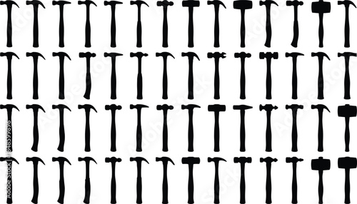 Hand tool hammer silhouettes collection, carpentry construction black vector icons set isolated minimal workshop equipment illustration design industrial hardware toolkit