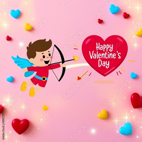 Cute Cupid with Bow and Arrow Celebrating Happy Valentine's Day with Hearts and Romantic Vibes
