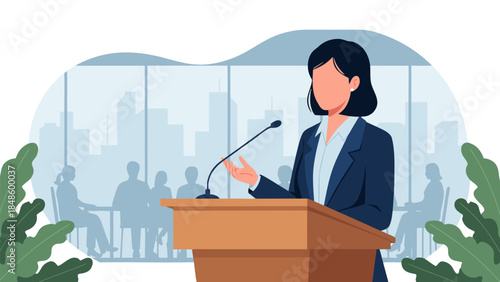 A woman in a suit stands at a podium giving a speech to an audience in a modern conference room.