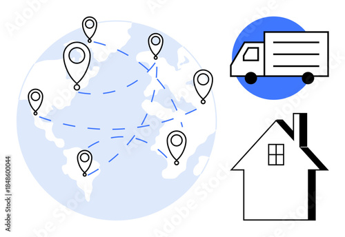 Logistics, supply chain, global delivery, shipping, transportation, tracking. World map with location markers, connected routes delivery truck and a house. Logistics and supply chain concept