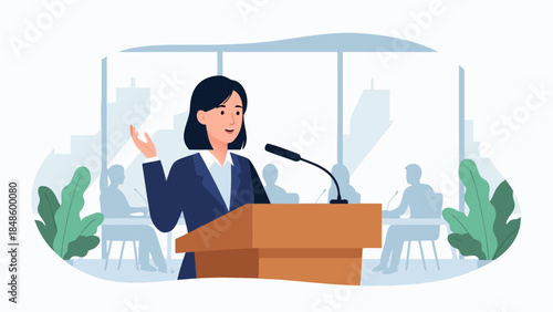 A confident businesswoman delivers a speech from behind a wooden podium in a modern conference room.
