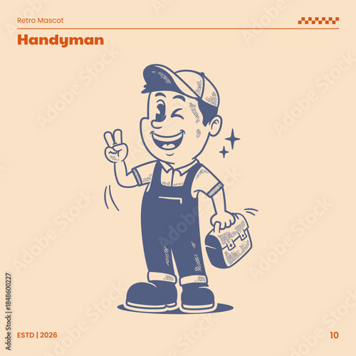 Retro handyman mascot character illustrated in a classic hand-drawn vintage cartoon style. This vector illustration is suitable for logo templates, repair service branding