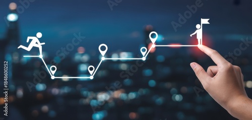 Navigating the Path to Victory: A person's hand traces the course of success, plotting a journey marked by key milestones and ultimately reaching the summit.