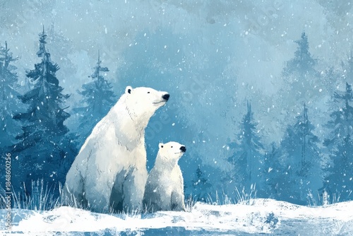 Watercolor painting depicts a large polar bear and its cub sitting together in a snowy forest landscape during snowfall