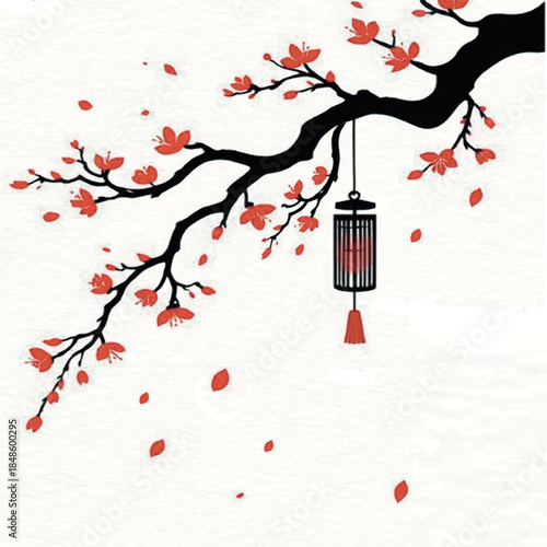 Traditional Asian-style illustration featuring a black silhouette of a blooming cherry blossom branch with red flowers and falling petals, adorned with a hanging Chinese or Japanese paper lantern.