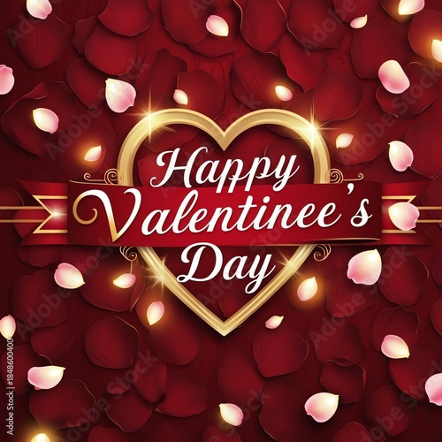 Happy Valentine's Day Heart with Rose Petals, Romantic Love Background and Elegant Floral Design