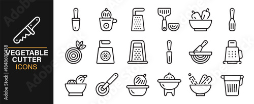 Culinary utensil and vegetable slicing equipment icons editable stroke