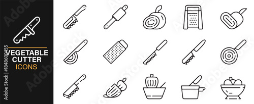Kitchen food prep slicer and cutter outline icons set