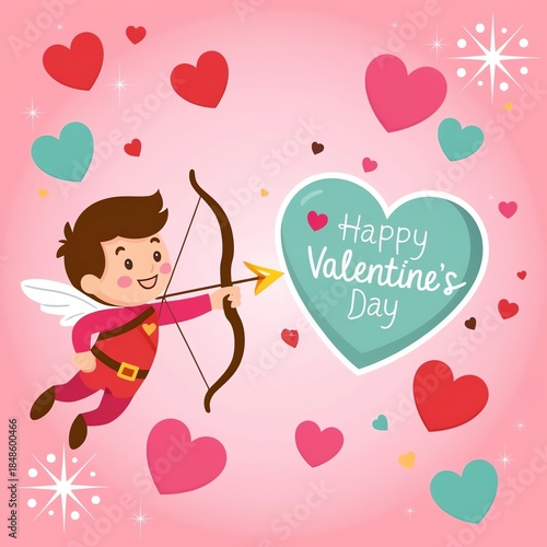 Cute Cupid with Bow and Arrow Celebrating Happy Valentine's Day with Hearts and Romantic Vibes