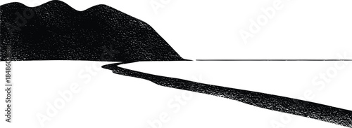 Minimalist coastal landscape illustration, abstract shoreline and distant hills silhouette, black and white nature scenery design background art vector