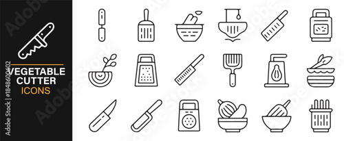 Clean line vegetable knife and grater icons for culinary branding