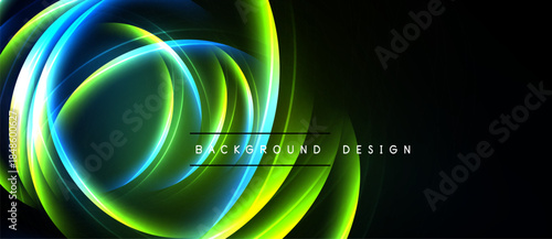 Abstract design features vibrant curved lines. Bright blues, greens, yellows contrast against dark background. Modern, dynamic composition.