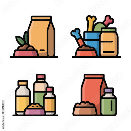 Animal Food Supply Vector Illustration Set With Pet Bowls Bottles And Food Bags