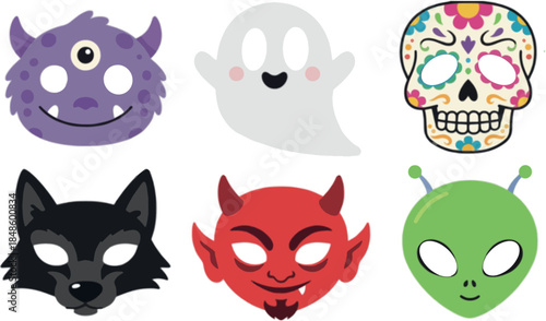 Set of six fun, colorful, and cute cartoon masks perfect for Halloween, costume parties, or fantasy-themed children's activities, featuring a monster, ghost, sugar skull, werewolf, devil, and alien.