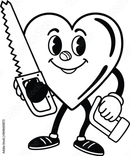 Funny Anti-Valentine Character Sawing Own Heart in Half Retro Cartoon Vector
