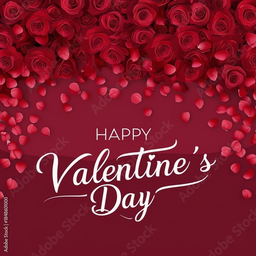 Happy Valentine's Day Greeting with Red Roses, Romantic Petals, Love Background and Warm Wishes