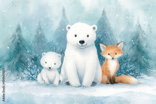 Adorable trio of arctic animals sits together in a snowy forest scene