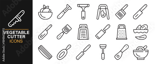 Editable vegetable cutter and kitchen utensil icons in outline vector style