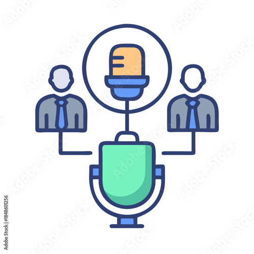 Podcast studio illustration depicting speaker and microphone connection in a modern, digital design