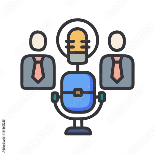 Podcast icon depicting microphone and people, broadcast, communication, illustration style