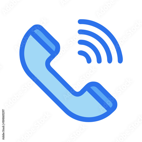 Isolated blue phone receiver icon with signal waves against a black background.