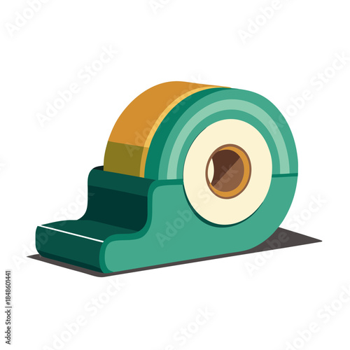A desktop tape dispenser illustrated in a flat, modern style with a teal green body and a roll of tape showing cream-colored adhesive tape with a brown core.