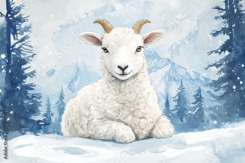 Charming young goat rests serenely amidst a snowy mountain forest scene