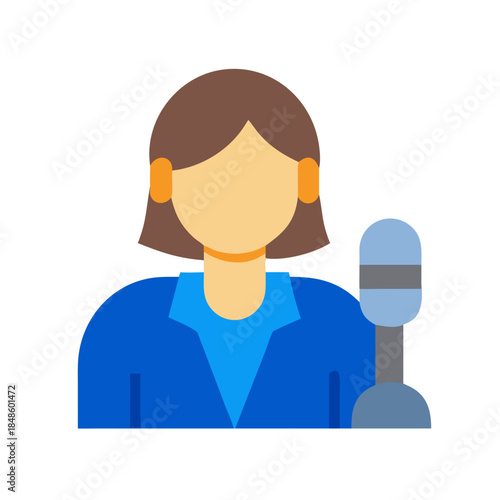 Flat design icon of a woman speaking into a microphone on black