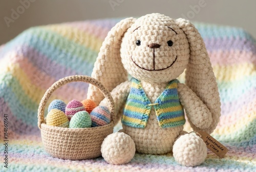 A cute crochet bunny sits with a basket filled with pastel-colored eggs on a soft striped blanket, capturing the joy of springtime festivities and creativity