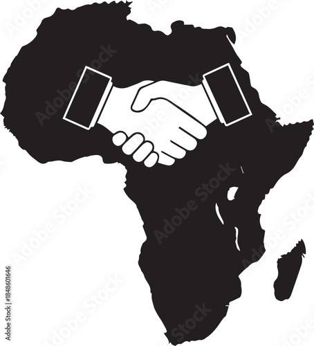 African continent silhouette with shaking hands symbolizing unity and partnership