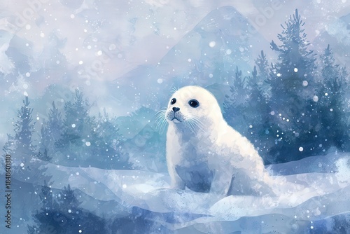 Adorable white pup sits in a snowy winter landscape illustration