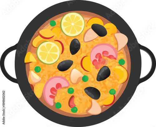 A vibrant top view of paella featuring seafood vegetables and citrus high quality