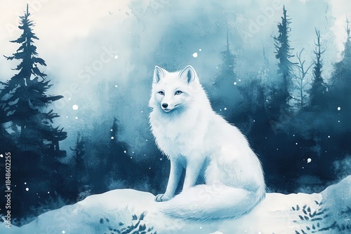 Adorable arctic fox sits alertly in a snowy, frosted forest landscape