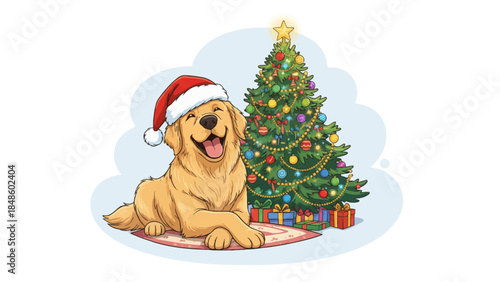 dog wearing a red Santa hat sits beside a decorated Christmas tree, surrounded by festive lights, creating a joyful and heartwarming holiday animal scene