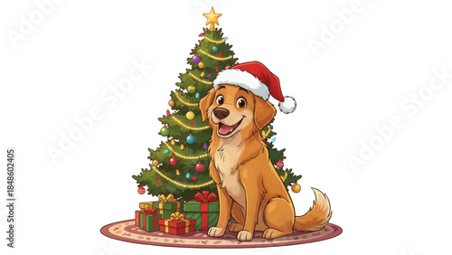 dog wearing a red Santa hat sits beside a decorated Christmas tree, surrounded by festive lights, creating a joyful and heartwarming holiday animal scene