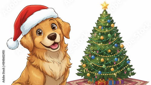 dog wearing a red Santa hat sits beside a decorated Christmas tree, surrounded by festive lights, creating a joyful and heartwarming holiday animal scene