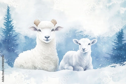 Watercolor style illustration depicts a mature ovine and its young resting in a snowy mountain landscape