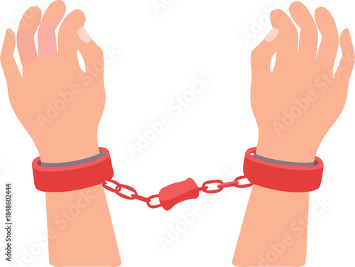 Illustration depicting a pair of hands restrained with red colored metal handcuffs