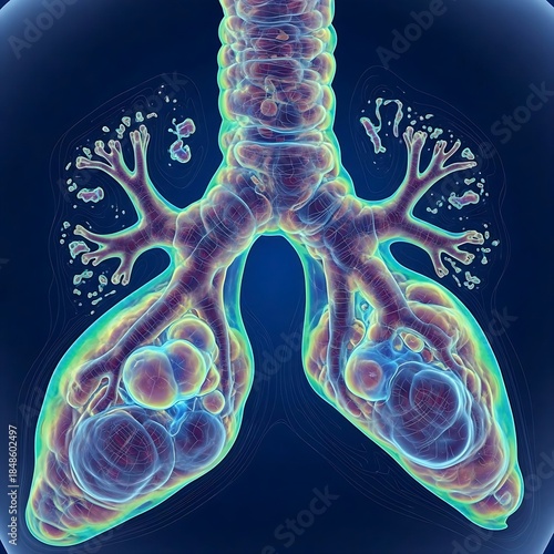 A full set of human bronchial tubes showing extreme narrowing, surrounding inflammation, and thick, trapped mucus, symbolizing severe Asthma, in an iridescent fluid dynamics visualization, detailed, b