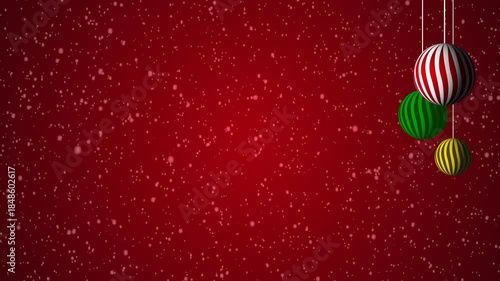 Christmas Festival red background with ball ornaments and snow falling.