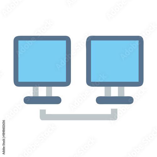Connected dual monitors, a graphic representation of network, connection, and computing power