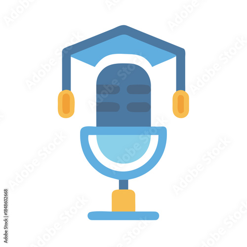 Podcast education concept: Microphone with graduation cap icon on black background