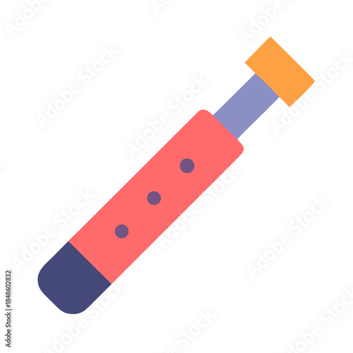 Cartoonish flat vector image of a syringe with red body and orange top
