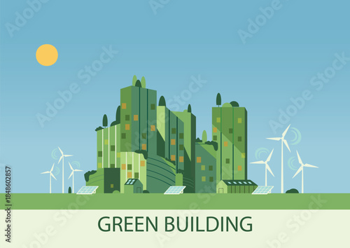 Green building and sustainable city illustration featuring eco-friendly architecture, renewable energy with wind turbines and solar panels, and modern urban design. Ideal for sustainability, green con