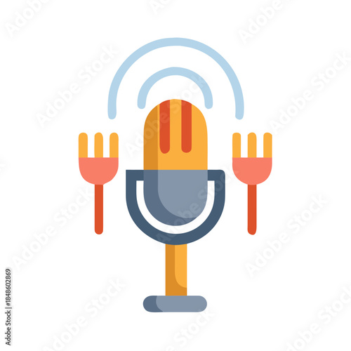 Food podcast icon featuring a microphone surrounded by forks and sound waves