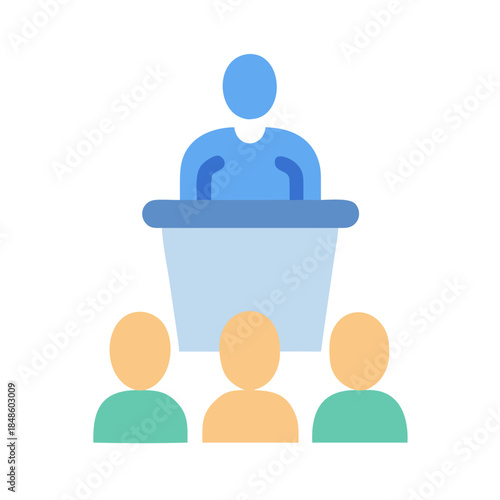 Conference speaker giving a presentation to attendees using a stage platform