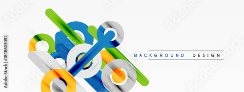 Abstract geometric shapes overlap, creating dynamic visual composition. Bright colors contrast against white background. Modern design element.