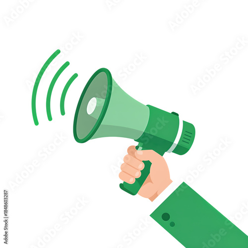 Hand holding green megaphone with sound waves