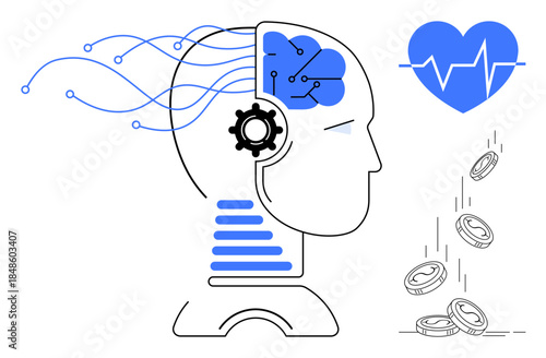 Artificial intelligence, healthcare innovation, financial technology, machine learning, cognitive systems, automation. A robotic head with connections, a heart with a pulse, and falling coins